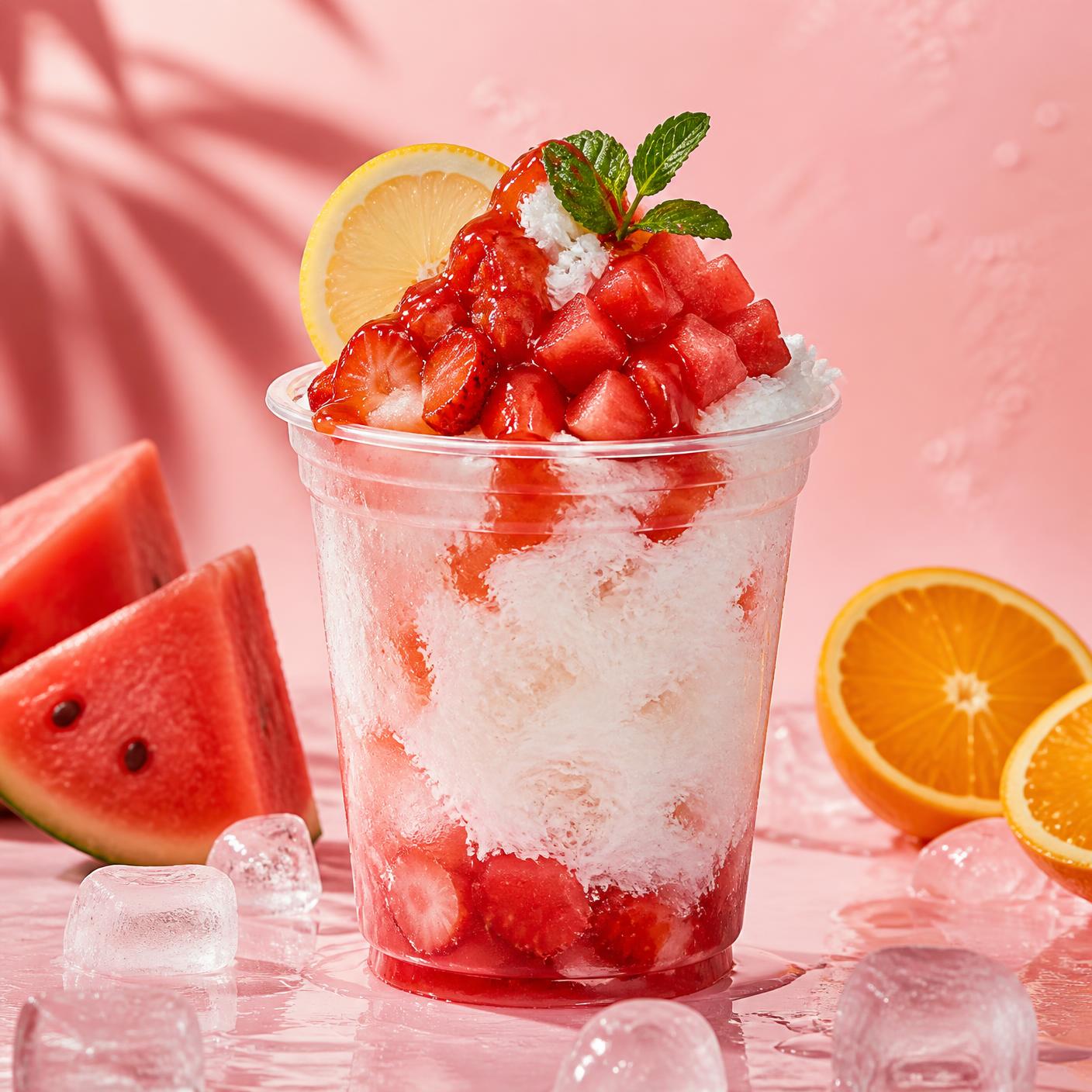 Agua Fresca Korean snow cup topped with strawberries, watermelon and lemon